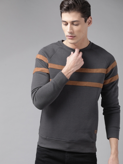 

Roadster Men Charcoal Grey & Brown Striped Detail Sweatshirt