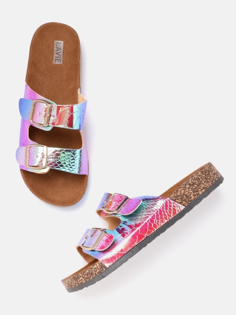 

Lavie Women Pink & Blue Snakeskin Textured Iridescent Effect Open Toe Flats with Buckles