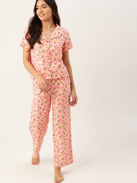 

DressBerry Women Peach-Coloured & Green Printed Night suit