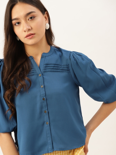 

DressBerry Blue Solid Mandarin Collar Shirt Style Top