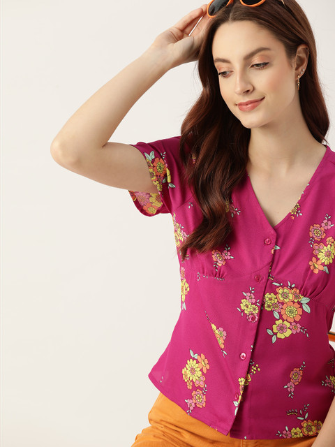 

DressBerry Purple & Yellow Floral Printed Regular Top