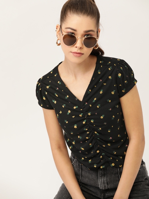 

DressBerry Women Black & Yellow Floral Print Ruched Top