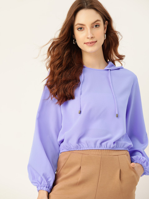 

DressBerry Violet Solid Blouson Hooded Top