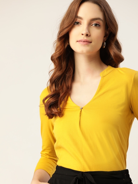 

DressBerry Yellow Mandarin Collar Sustainable & Recycled Regular Top