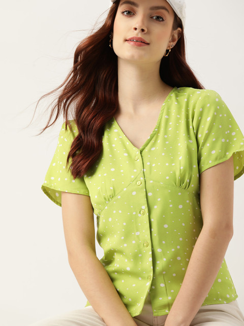 

DressBerry Green & White Polka Dot Print Regular Top