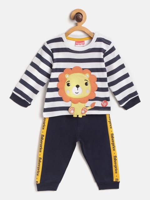 

Fisher Price X Moms Love Infant Boys White & Navy Blue Striped Pure Cotton Pyjamas Set