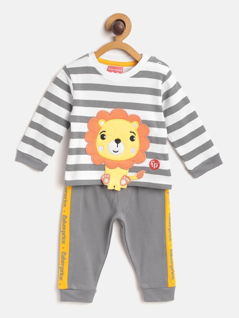 

Fisher Price X Moms Love Infant Boys White & Grey Melange Striped Pure Cotton Pyjamas Set