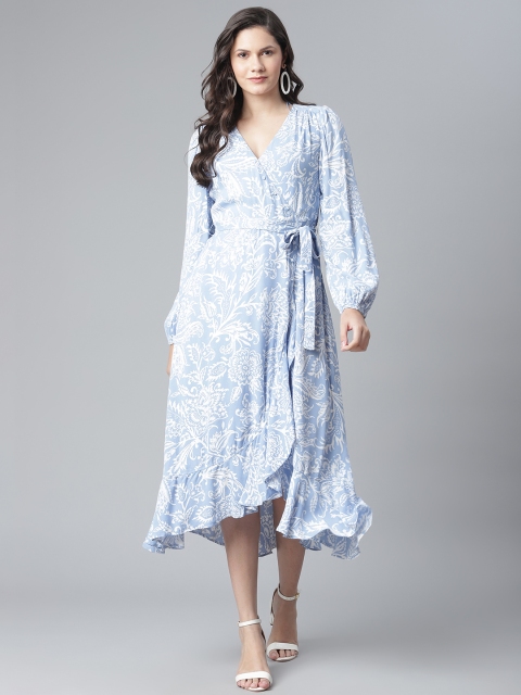 

Marks & Spencer Blue & White Floral Print Midi Wrap Dress with Belt