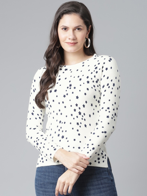 

Marks & Spencer Women White & Navy Blue Printed Pullover