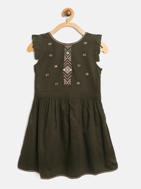 

Cherry Crumble Girls Olive Green Cotton Embroidered Fit & Flare Dress