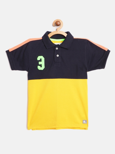 

Cherry Crumble Boys Yellow & Navy Blue Colourblocked Polo Collar T-shirt