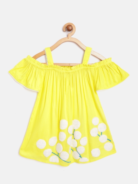 

Cherry Crumble Yellow & White Flared Sleeve Floral Applique Pure Cotton A-Line Top
