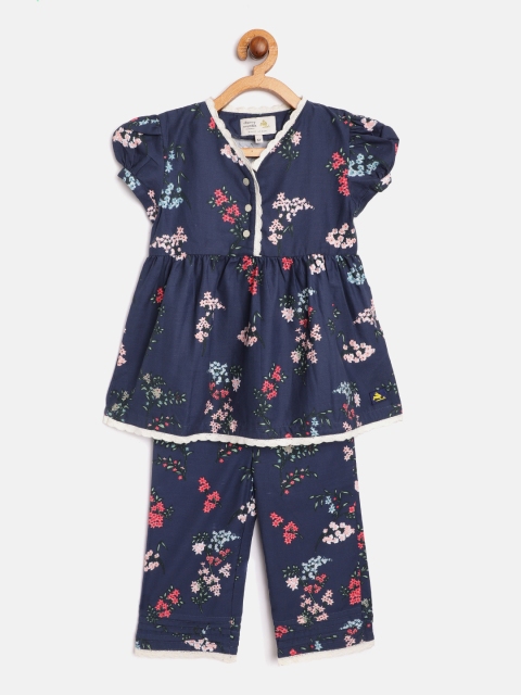 

Cherry Crumble Girls Navy Blue & Pink Floral Print Pure Cotton Pyjamas Set