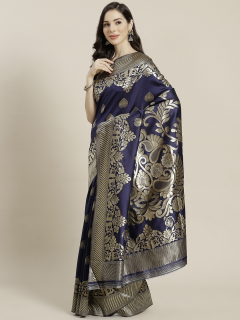 

Mitera Navy Blue & Golden Zari Woven Design Kanjeevaram Saree