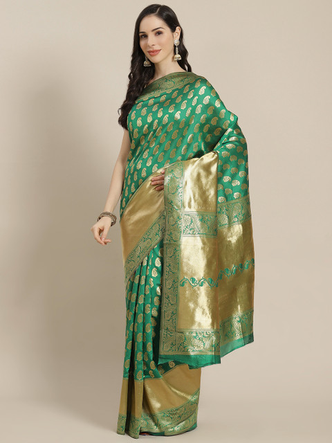 

Mitera Green & Golden Zari Woven Kanjeevaram Saree