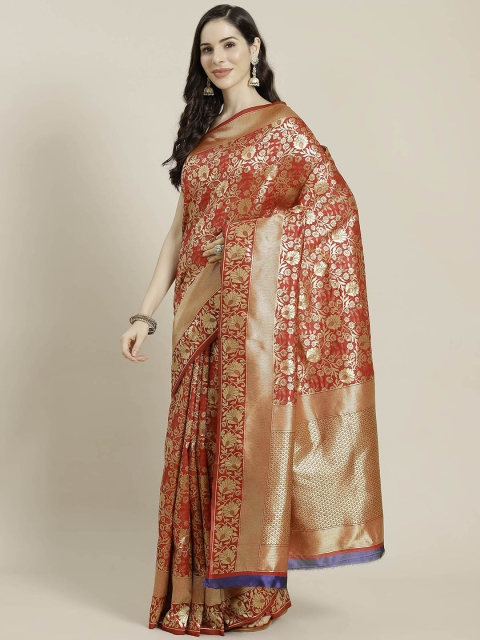 

Mitera Red & Golden Ethnic Motifs Woven Design Kanjeevaram Saree