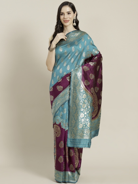 

Mitera Blue & Magenta Pink Ethnic Motifs Woven Design Kanjeevaram Saree