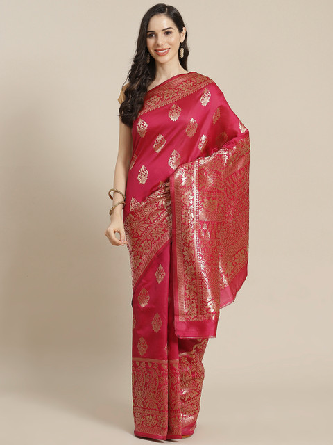 

Mitera Pink & Golden Ethnic Motifs Woven Design Kanjeevaram Saree