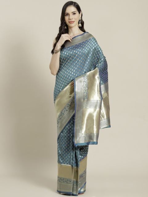 

Mitera Teal Blue & Golden Ethnic Motifs Zari Celebrity Kanjeevaram Saree