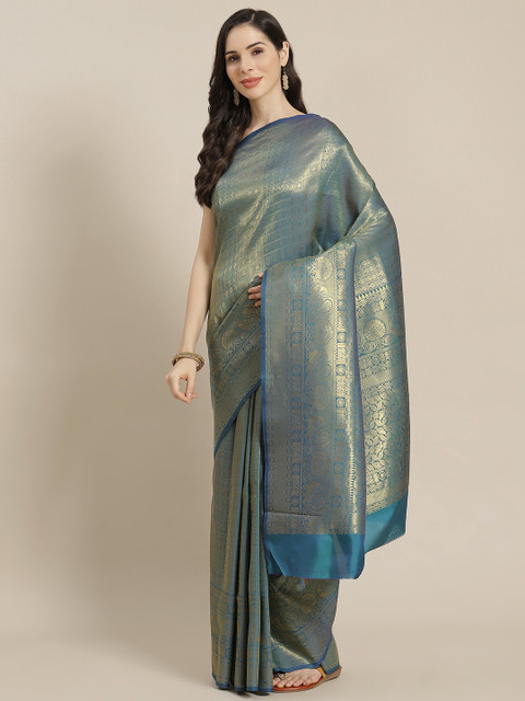 

Mitera Teal Blue & Golden Ethnic Motifs Zari Celebrity Kanjeevaram Saree