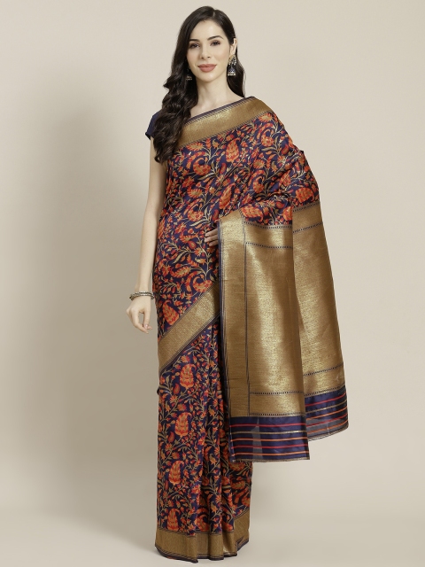 

Mitera Orange & Navy Blue Ethnic Motifs Zari Celebrity Kanjeevaram Saree