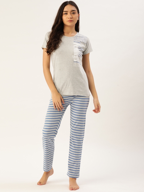 

Sweet Dreams Women Grey Melange & Blue Printed Pure Cotton Night suit