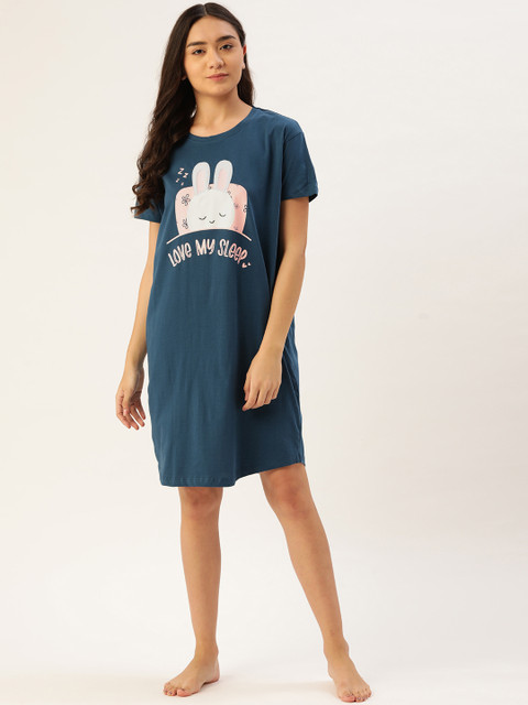 

Sweet Dreams Teal Blue & White Graphic Print Cotton Nightdress