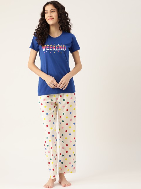 

Sweet Dreams Women Navy Blue & White Printed Pure Cotton Night suit