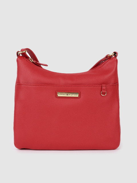 

Tommy Hilfiger Coral Red Textured PU Structured Hobo Bag