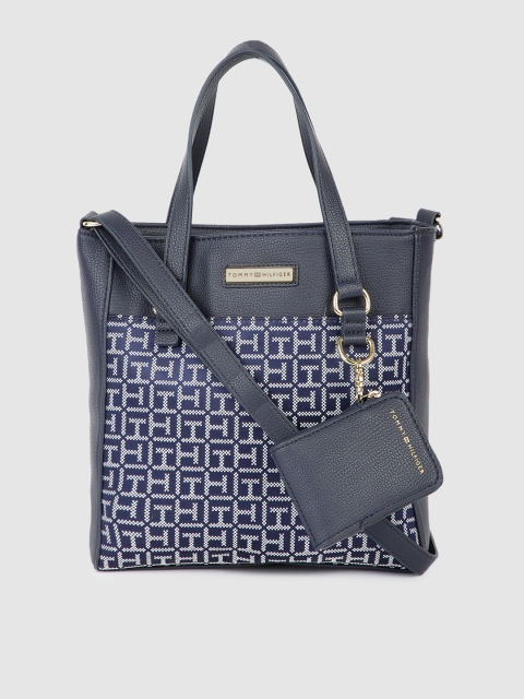 

Tommy Hilfiger Navy Blue & White NAOMI II Brand Logo Print Structured Handheld Bag