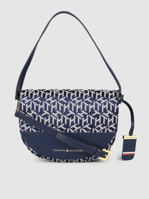 

Tommy Hilfiger Navy Blue & White Printed Structured Handheld Bag