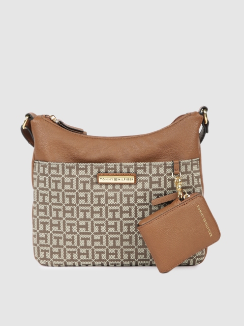 

Tommy Hilfiger Tan Brown & Beige NAOMI II Brand Logo Printed Structured Sling Bag