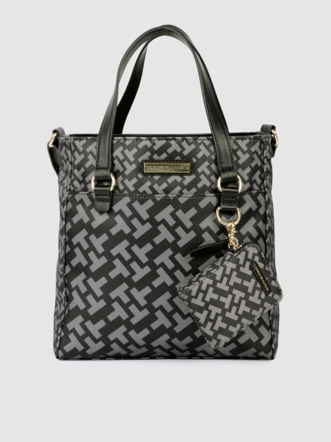 

Tommy Hilfiger Black & Grey NAOMI II Brand Logo Printed Structured Handheld Bag
