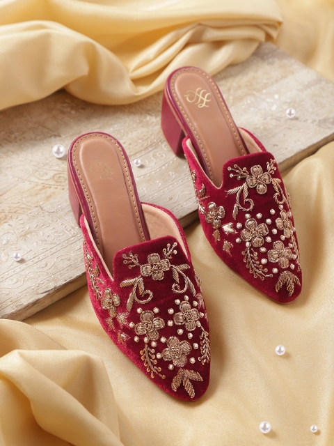 

House of Pataudi Women Maroon & Gold-Toned Embellished Handcrafted Heeled Mules