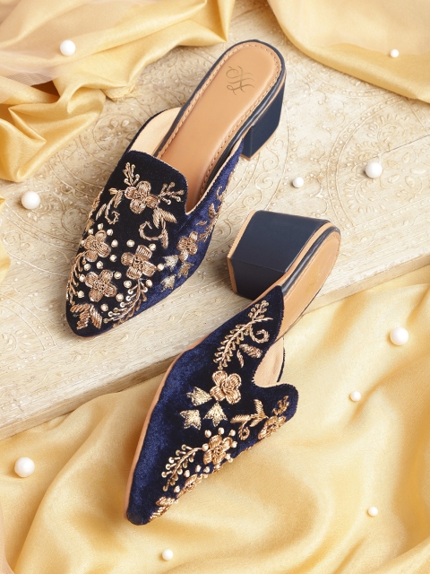 

House of Pataudi Women Navy Blue & Gold-Toned Embellished Handcrafted Heeled Mules