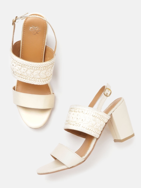 

House of Pataudi Off White Handcrafted Patterned Block Heels