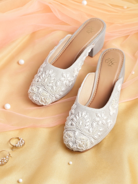 

House of Pataudi Grey Embroidered Block Heeled Mules