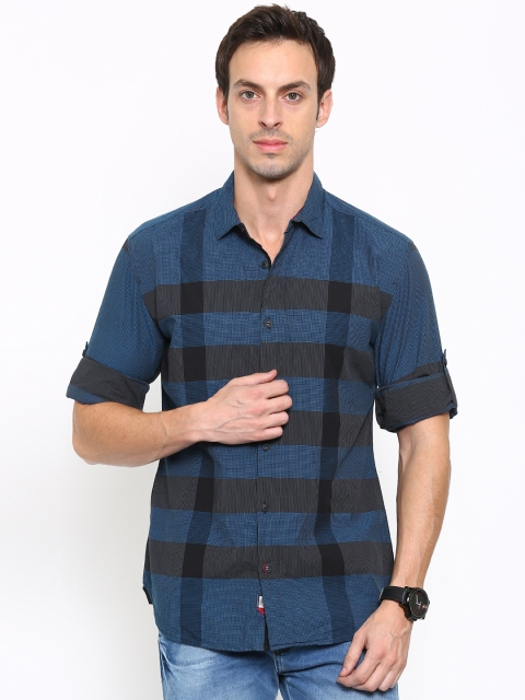 

LOCOMOTIVE Men Navy Regular Fit Checked Casual Shirt, Navy blue