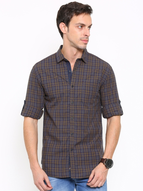 

LOCOMOTIVE Men Khaki Regular Fit Checked Casual Shirt