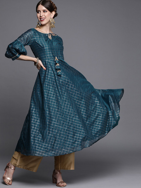 

Inddus Women Teal Green & Gold Checked Gotta Patti Detail Woven Anarkali Kurta