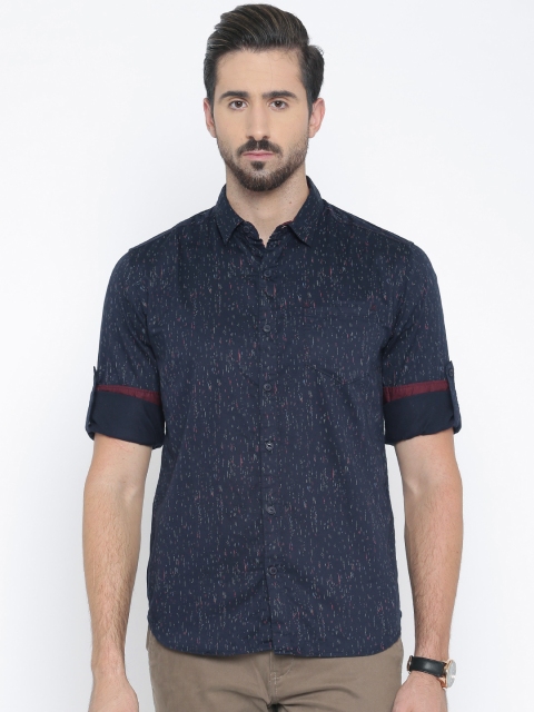 

LOCOMOTIVE Navy Printed Slim Fit Casual Shirt, Navy blue