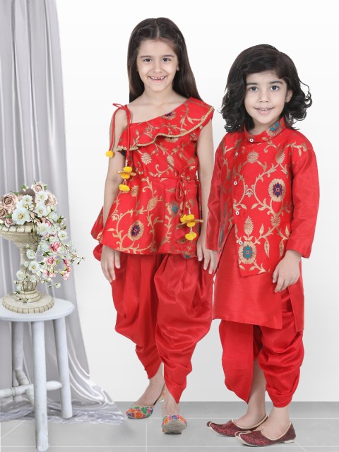 

BownBee Girls Red & Gold-Toned Printed Top with Dhoti Pants