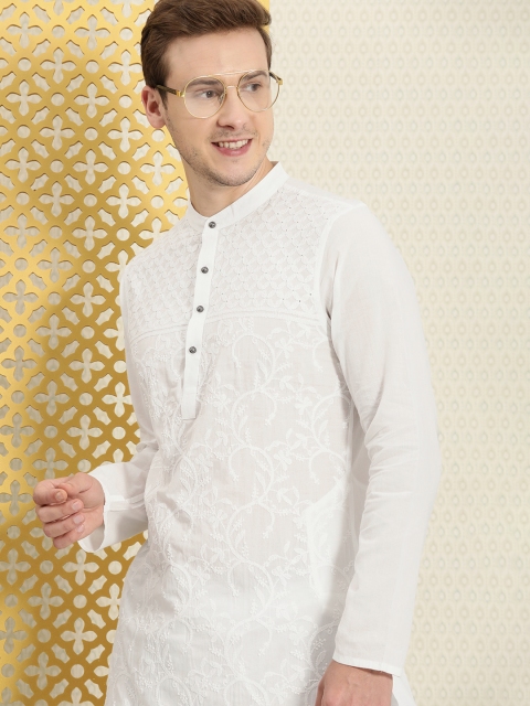 

House of Pataudi Men White Embroidered Meher Pure Cotton Chikankari Kurta with Churidar