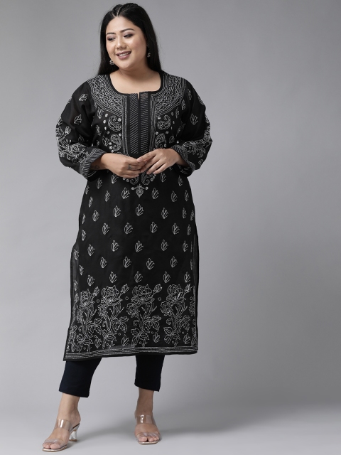 

ADA Women Plus Size Black & White Chikankari Hand Embroidered Sustainable Straight Kurta