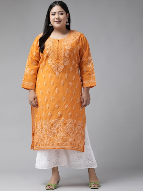 

ADA Women Plus Size Orange & White Chikankari Hand Embroidered Sustainable Straight Kurta