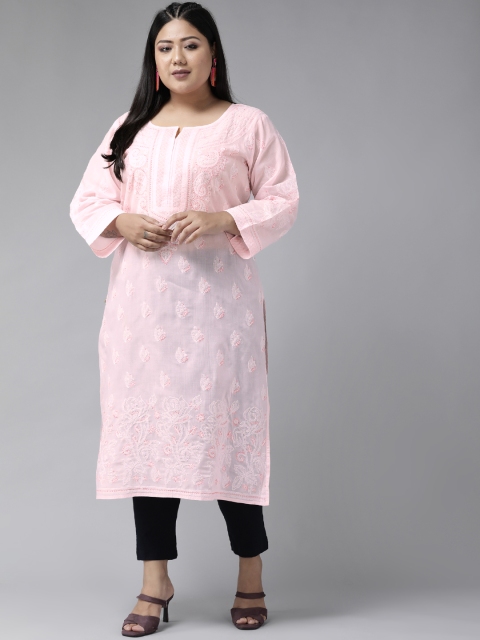 

ADA Plus Size Women Pink & White Cotton Ethnic Motifs Embroidered Chikankari Kurta