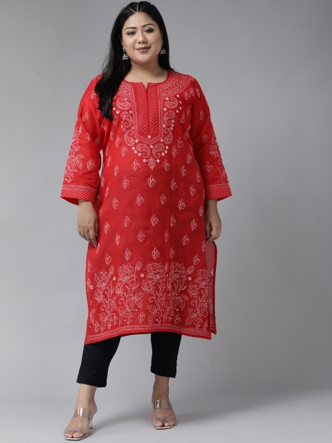 

ADA Women Plus Size Red & White Ethnic Motifs Pure Cotton Chikankari Embroidered Kurta