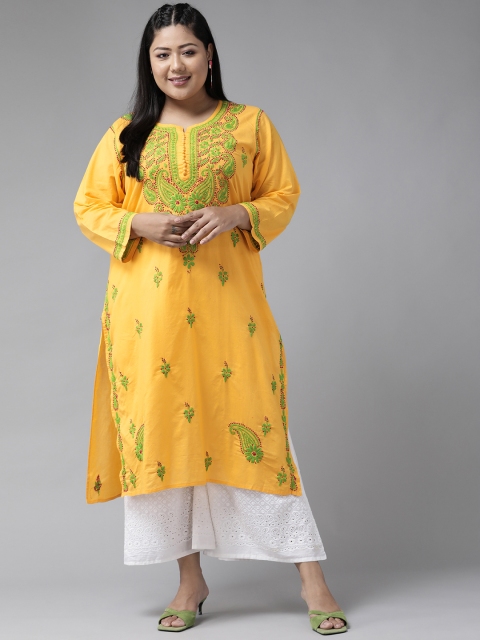 

ADA Women Plus Size Yellow & Green Chikankari Hand Embroidered Sustainable Straight Kurta