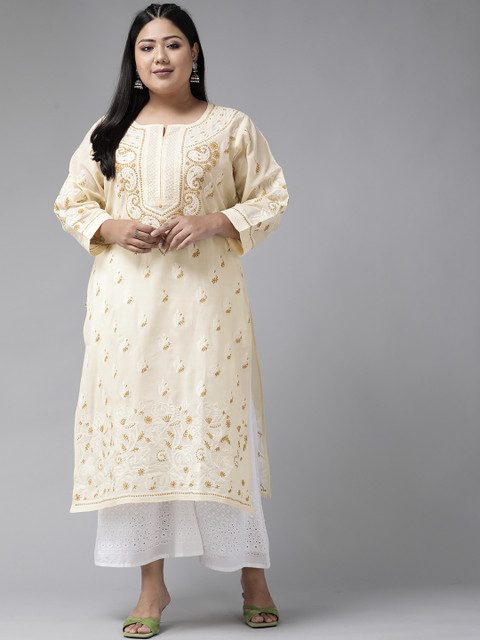 

ADA Women Cream-Coloured Pure Cotton Chikankari Hand Embroidered Sustainable Handloom Kurta