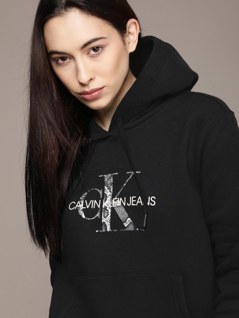 

Calvin Klein Jeans Women Black Brand Logo Printed Hooded Sweatshirt